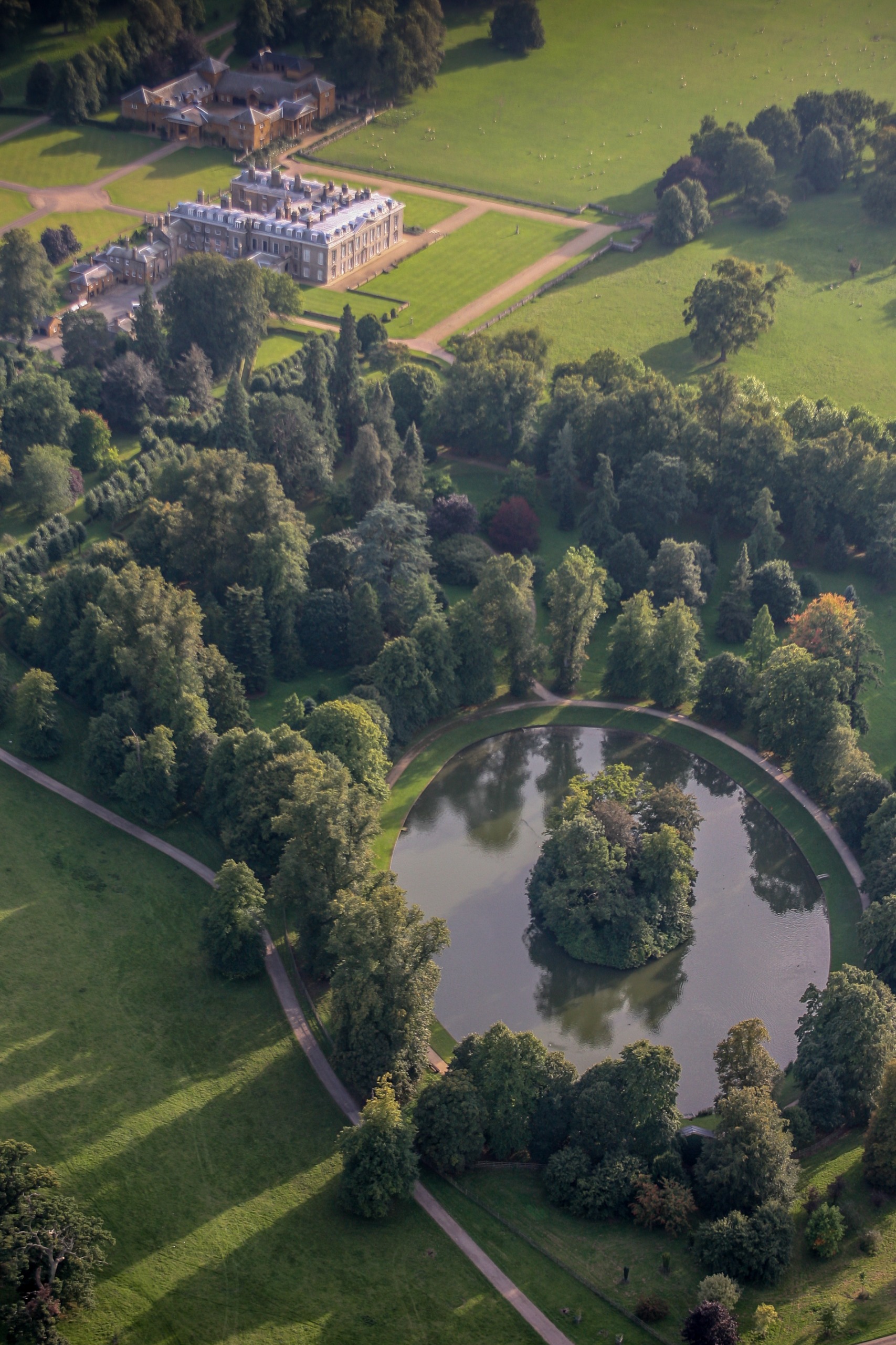 An aerial view of Princess Diana's island grave and the Althorp estate