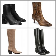 product collage of Tory Burch Cap-Toe 70MM Leather Ankle Boots, Franco Sarto Anna Pointed Toe Booties, Steve Madden Tara Taupe Suede Boots, Franco Sarto Women's Giselle Square Toe Knee High Boots on white background with grey border