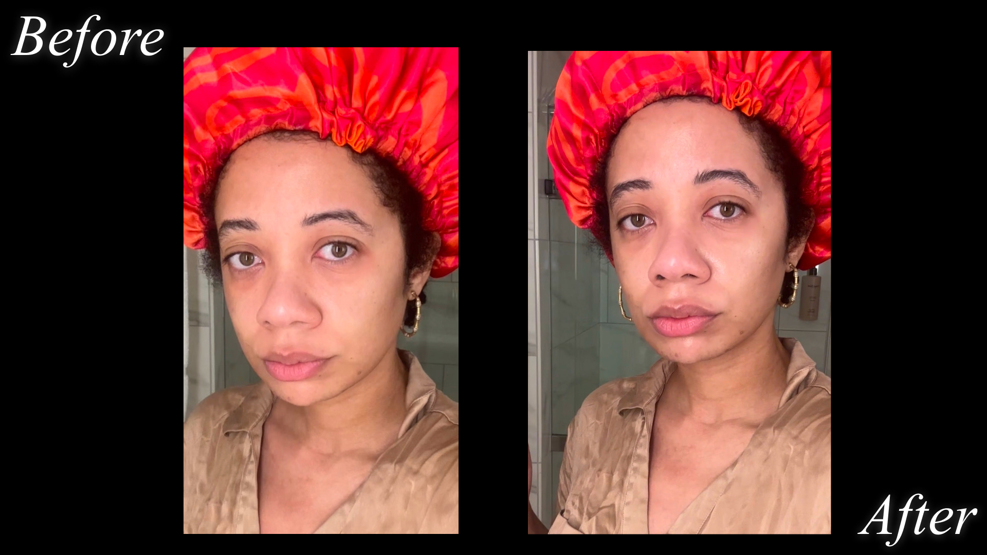 a woman in a bronze shirt and red bonnet