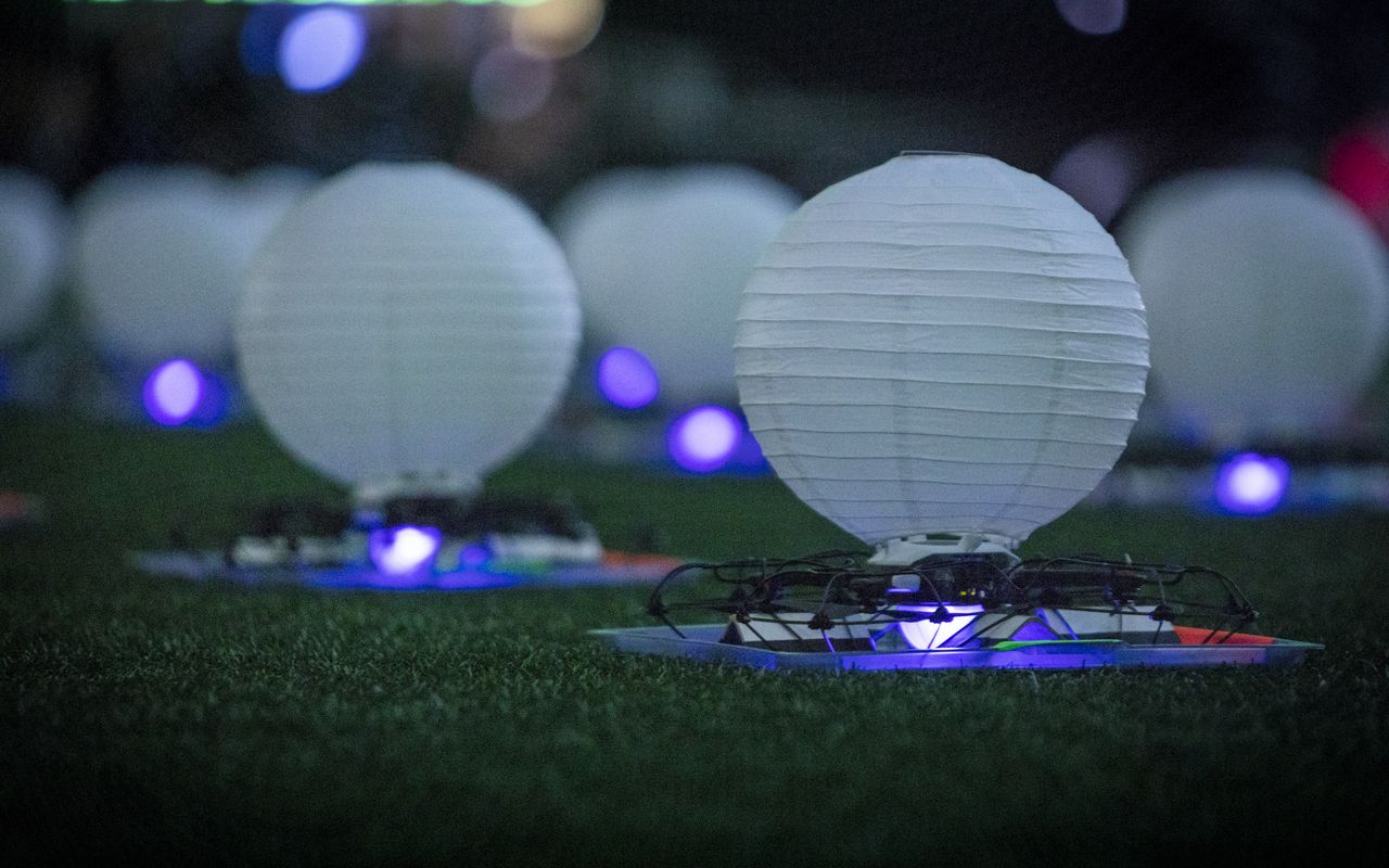 Intel Drone Team members prepare 150 enhanced Intel Shooting Star drones for flight during rehearsals for the Pepsi Super Bowl LIII Halftime Show. (Credit: Intel Corporation)