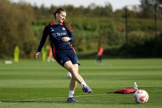 Hannah Blundell of Manchester United Women in action during a training session at Carrington Training Ground on September 19, 2024 in Manchester, England.