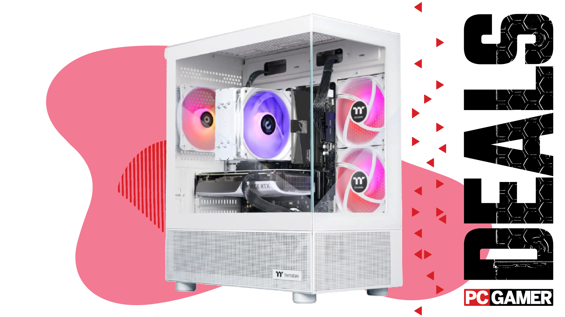 A Thermaltake gaming PC on a custom PC Gamer Deals background.