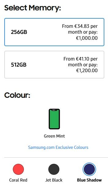 Alleged storage specs and color options for the Galaxy Z Flip 7