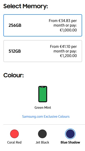 Alleged storage specs and color options for the Galaxy Z Flip 7