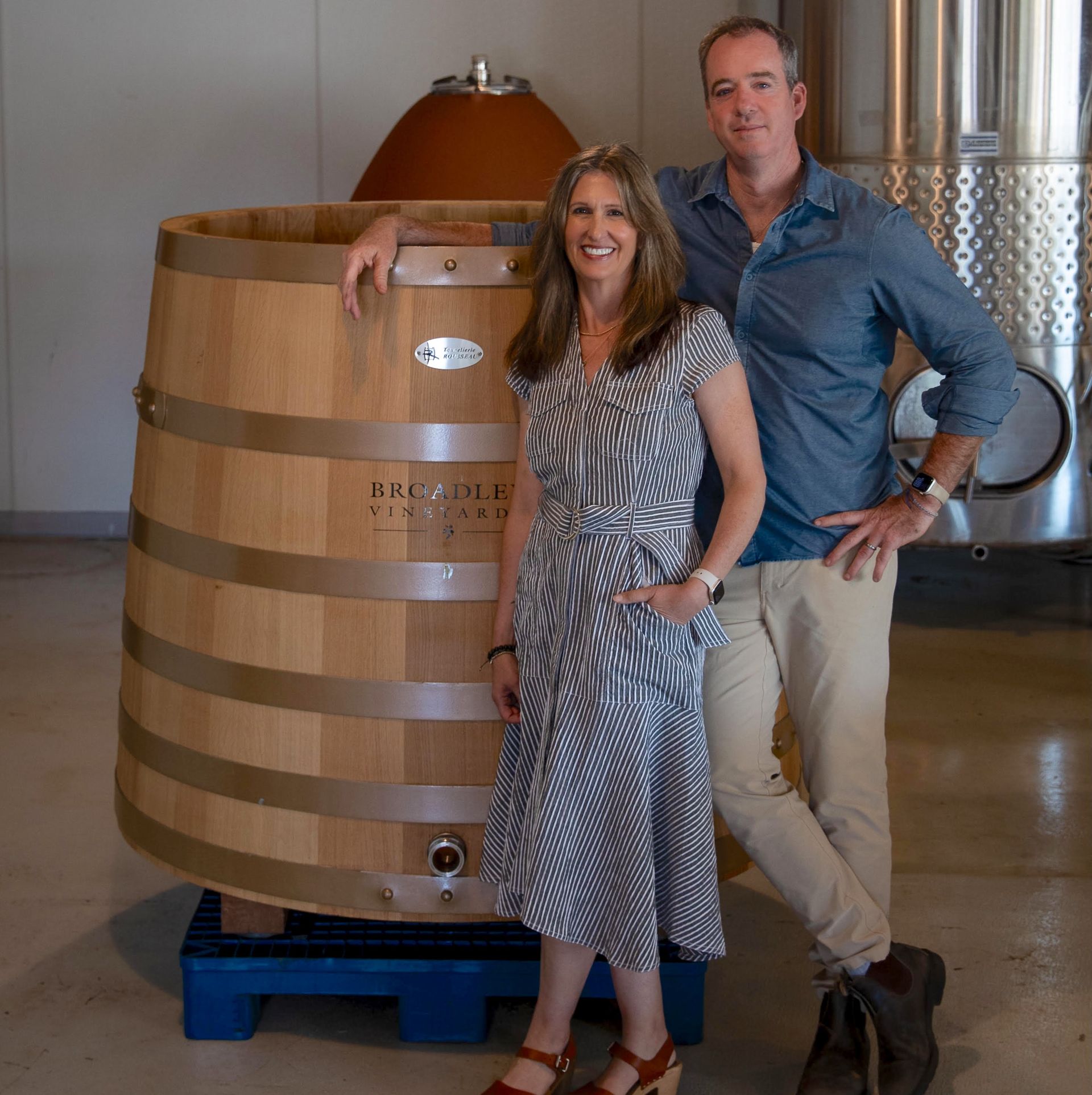 Jessica and Morgan Broadly amid the fermentation vessels at Broadley Vineyards in the southern Willamette Valley
