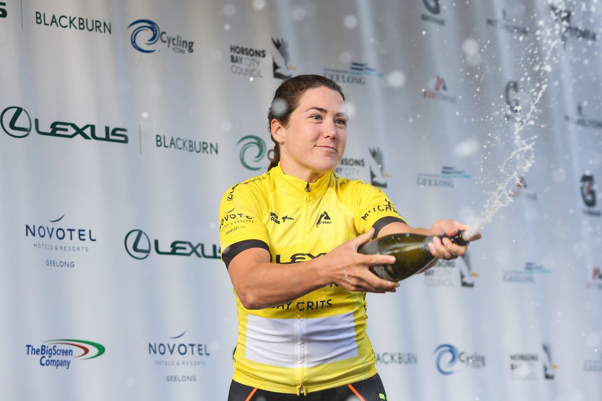 Chloe Hosking sprays the champagne