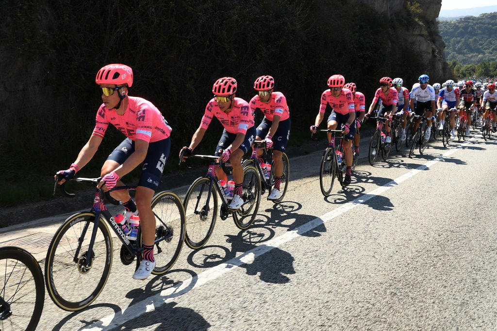 VALLTER 2000 SETCASES VALL CAMPRODON SPAIN MARCH 24 Ruben Guerreiro of Portugal Rigoberto Uran Uran of Colombia Hugh Carthy of United Kingdom Michael Valgren Andersen of Denmark and Team EF Education Nippo during the 100th Volta Ciclista a Catalunya 2021 Stage 3 a 2031km stage from Canal Olmpic de Catalunya to Vallter 2000 Setcases Vall Camprodon 2125m VoltaCatalunya100 on March 24 2021 in Vallter 2000 Setcases Vall Camprodon Spain Photo by David RamosGetty Images
