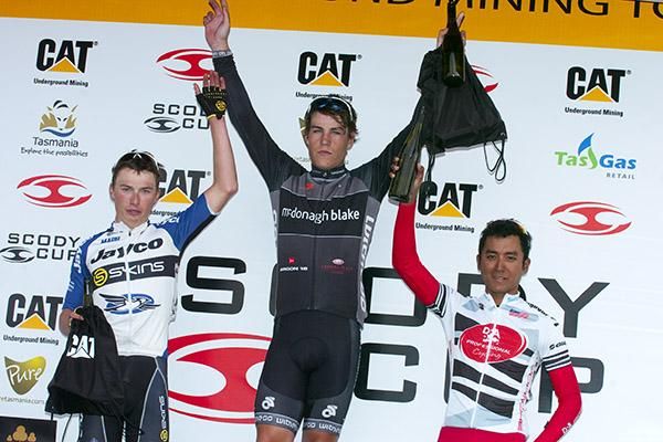 Stage seven podium (l-r): Patrick Lane (2nd.Jayco/Skins), Adam Phelan (1st,McDonagh Blake/Witness), and Adiq Othman (3rd,Drapac Porsche).