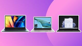 Three of the best laptops for Cricut makers on a purple background