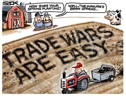 Political cartoon U.S. Trump trade war china farmers