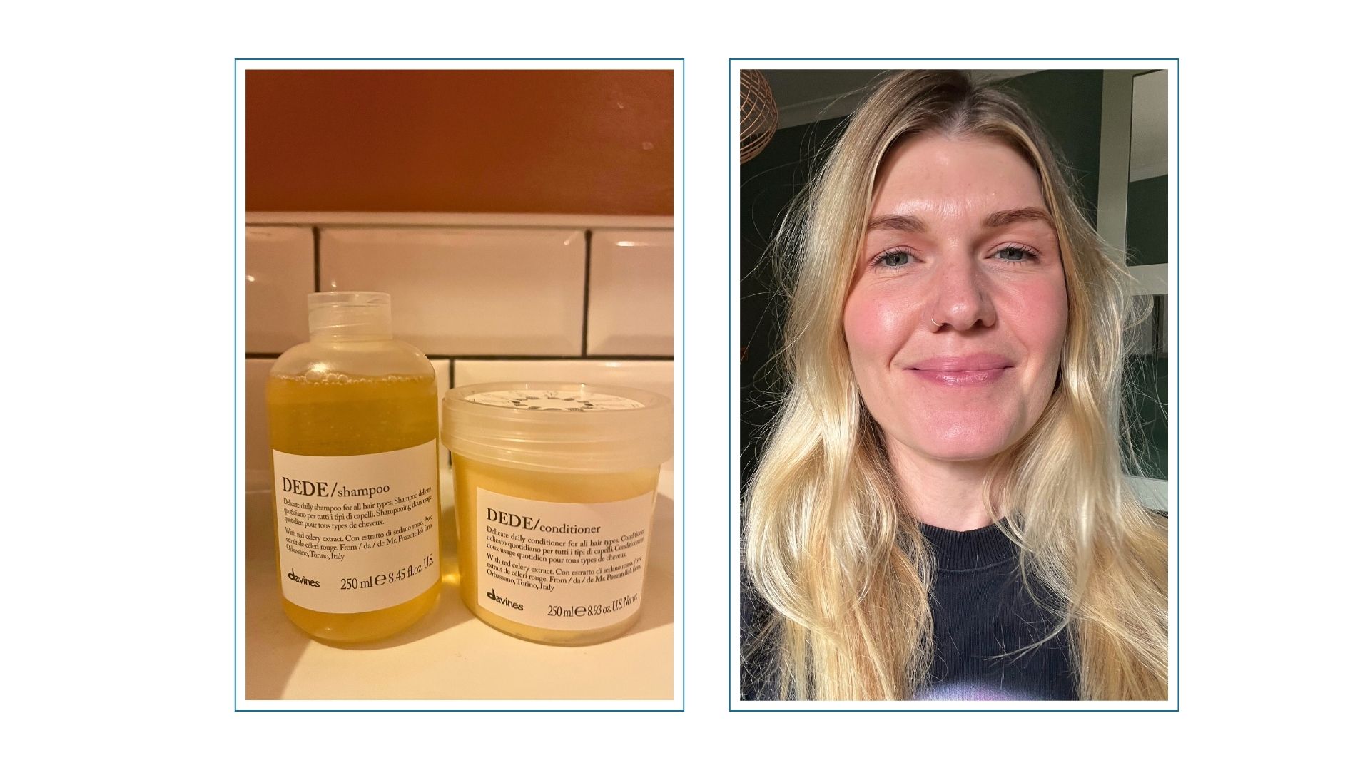 An image of Davines DeDe shampoo next to an image woman &amp;amp; home beauty editor fiona mckim smiling with blonde hair