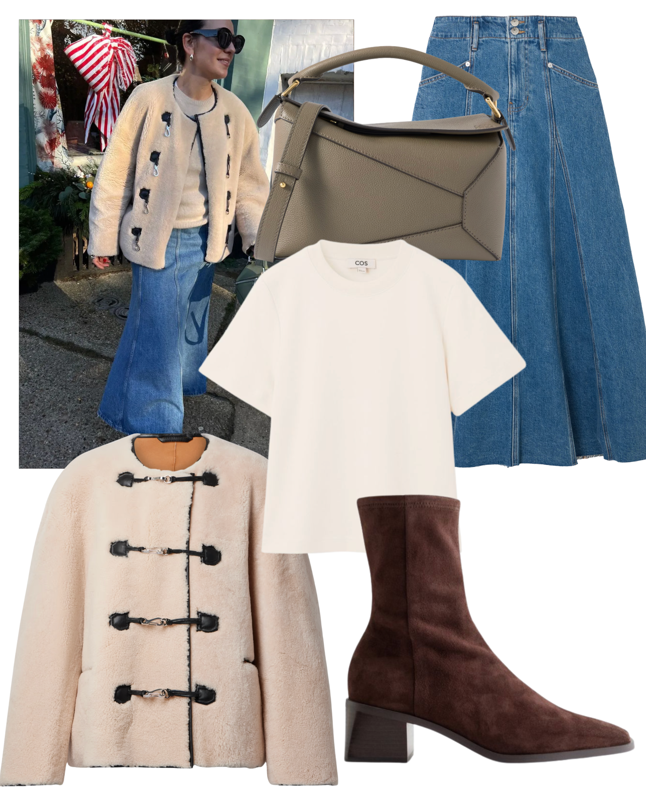 @claudia_berresford wears toteme shearling coat and denim midi skirt