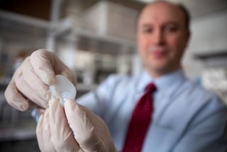 Scientist holding 3D-printed ear