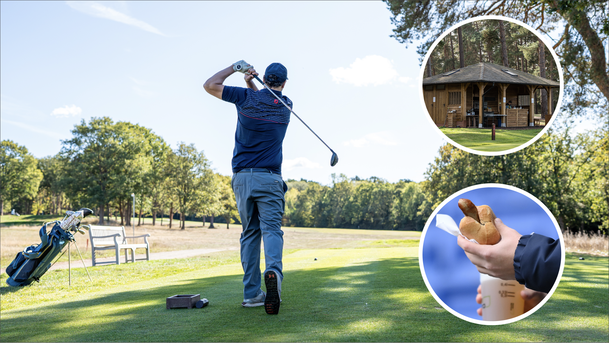 Nick Bonfield driving down a fairway with insets of a halfway house and sausage sandwich to indicate a change of diet