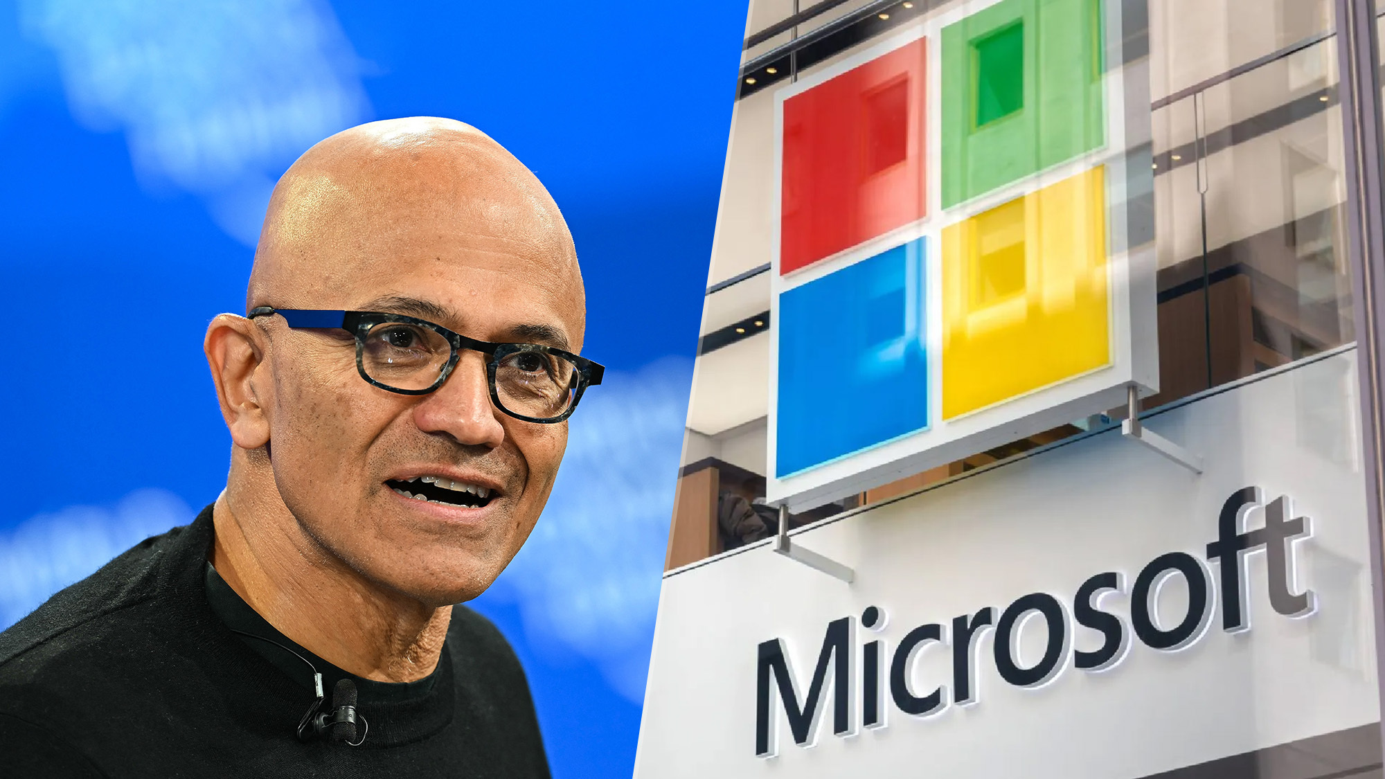 A composite shot with Satya Nadella on the left and a Microsoft store on the right