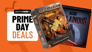The GamesRadar+ Prime Day deals logo with Gloomhaven: Jaws of the Lion and Star Wars Villainous boxes against an orange background