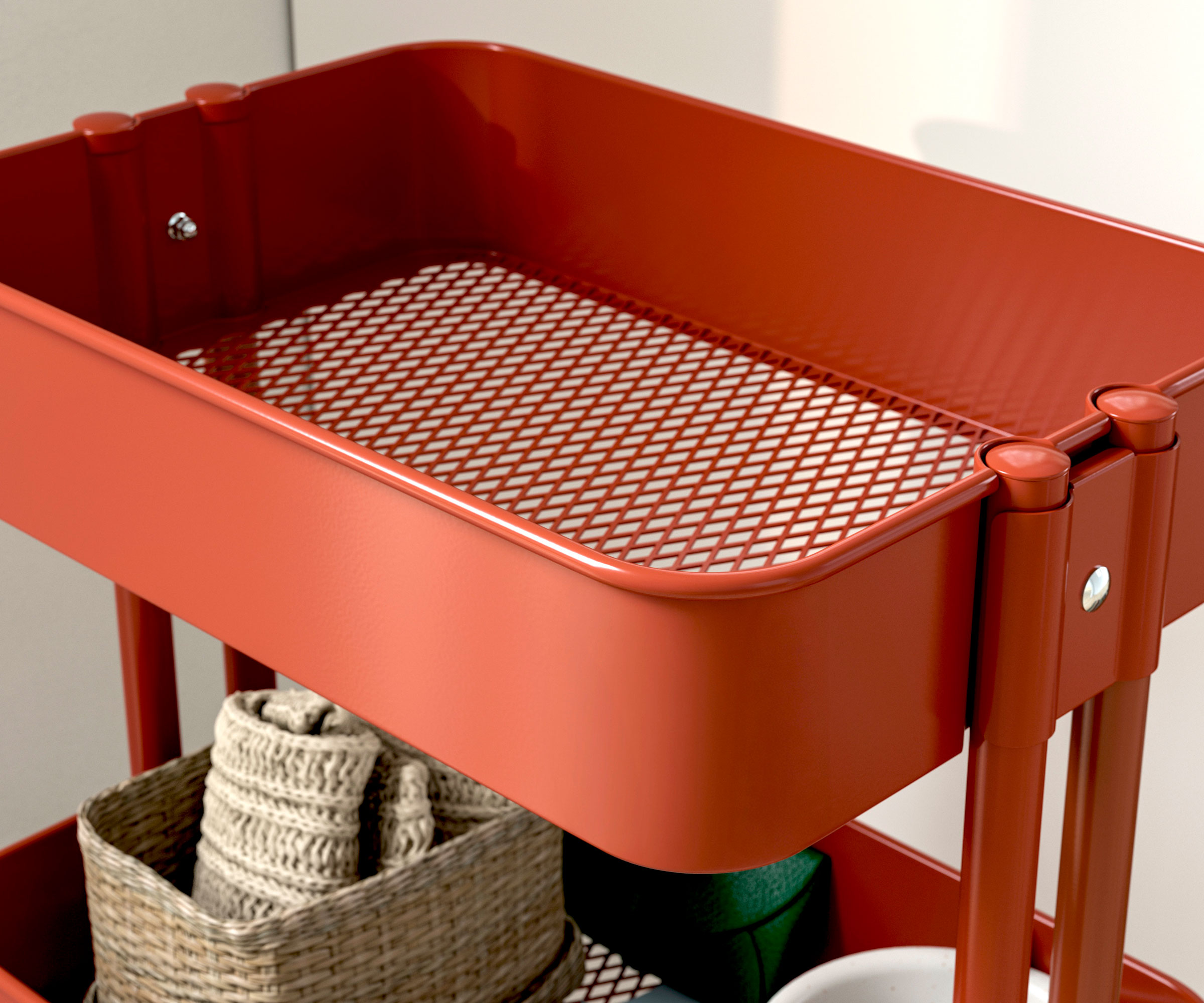 IKEA Raskog terracotta trolley holding household items