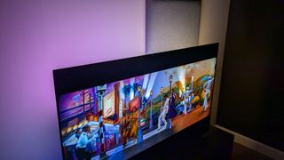 Philips OLED909 with purple Ambilight and La La Land on screen