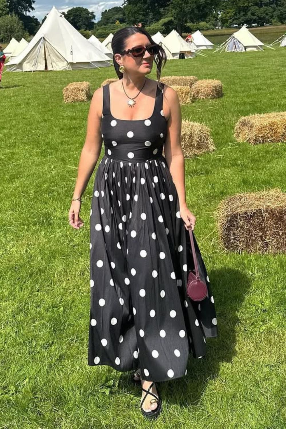 @harriet.davey wearing a polka dot dress