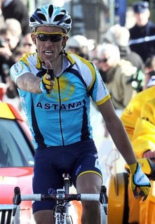 Alberto Contador (Astana) takes his best shot and flies to the stage win and yellow jersey on stage six atop La Montagne de Lure.