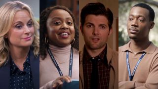 Left to right: Amy Poehler as Leslie Knope, Quinta Brunson as Janine Taegues, Adam Scott as Ben Wyatt and Tyler James Williams as Gregory Eddie.