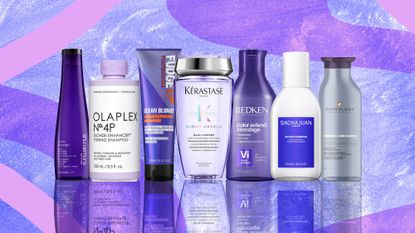 A selection of the best purple shampoo is pictured ontop of a purple background