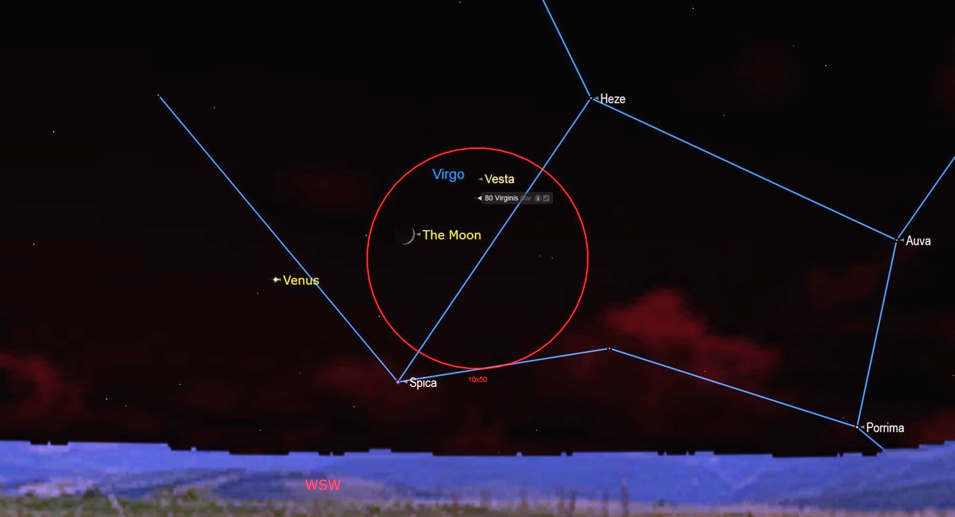 septiembre 2021 Cielo nocturno Luna Joven entre Venus y Vesta