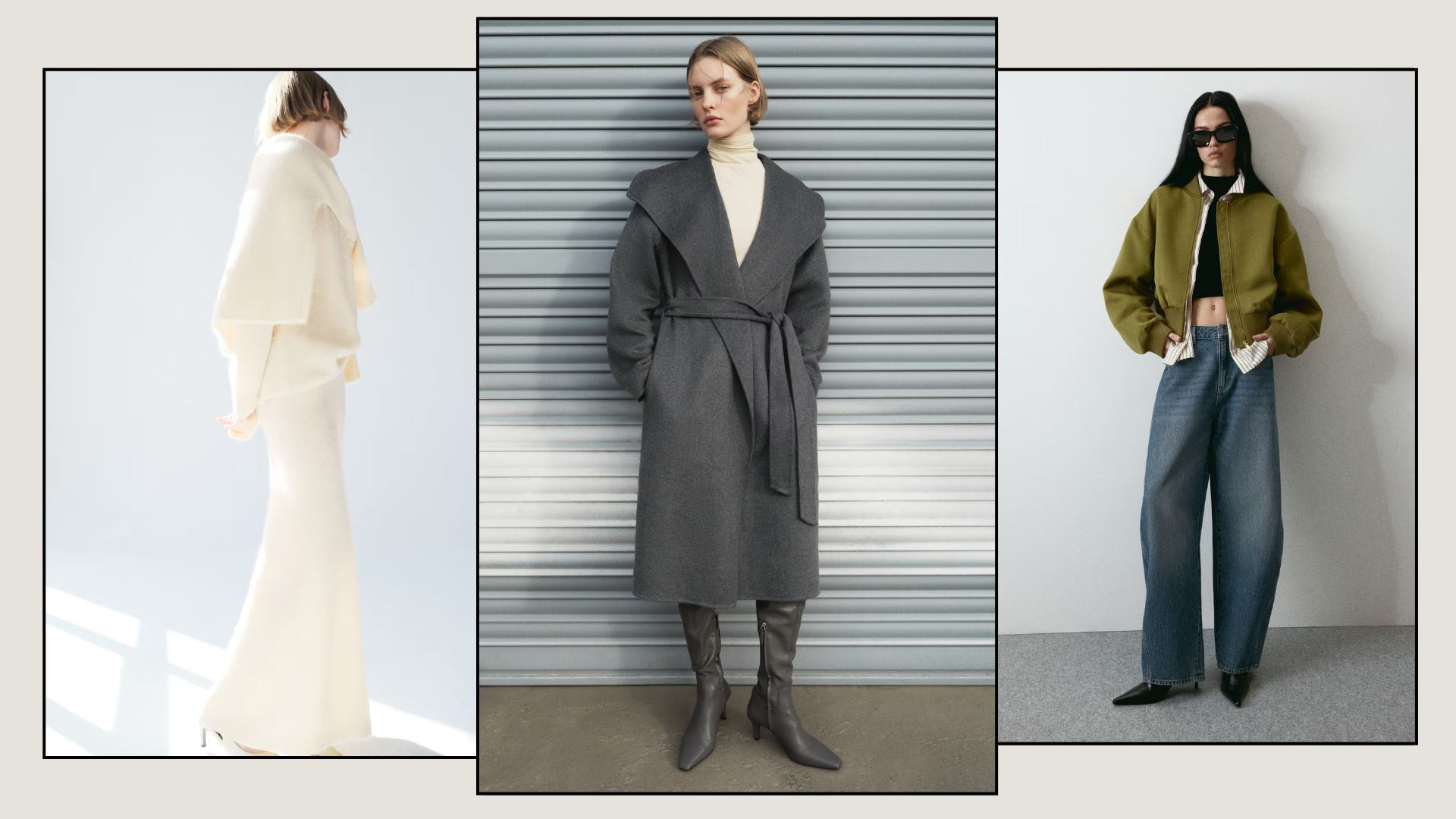 Woman wears matching knit and skirt, woman wears grey coat and cream turtleneck and boots, woman wears green jacket, blue jeans and black boots