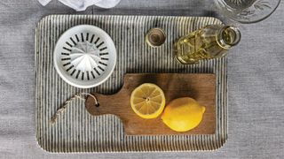 picture of lemons, juicer and bottle on a striped tray