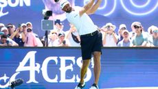 Dustin Johnson takes a tee shot during LIV Golf Andalucia 