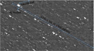 Asteroid P/2010 A2's long tail stretches nearly three times the distance from the Earth to the moon, images from the WIYN telescope in Arizona reveal.