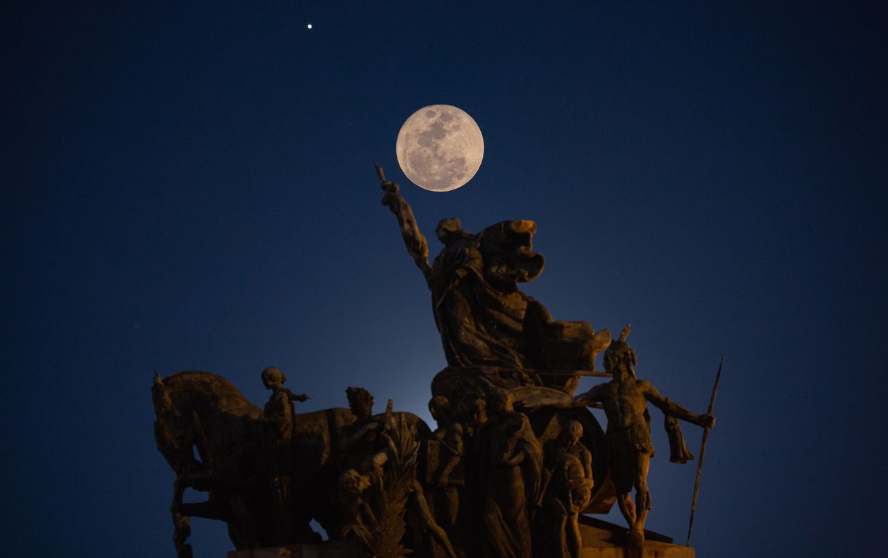 The Blue Moon is seen at the Independence Monument in S&atilde;o Paulo Brazil, on Aug. 22, 2021.