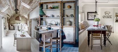 Three examples of farmhouse kitchen mistakes. Large kitchen in barn conversion, vaulted ceiling with wooden paneling. Rustic dining room with blue rug, dining table and shelving unit. Kitchen with wooden beams and cabinetry.