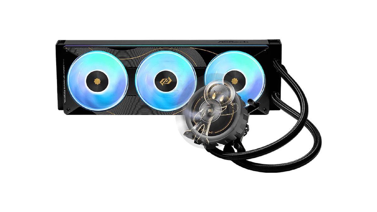 ASRock Taichi 10th anniversary AIO cooler with hologram screen.