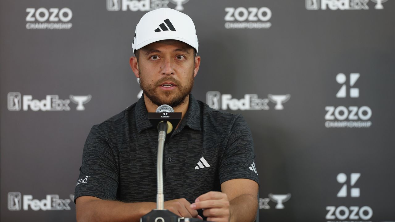 Xander Schauffele talks to the media before the ZOZO Championship in Japan