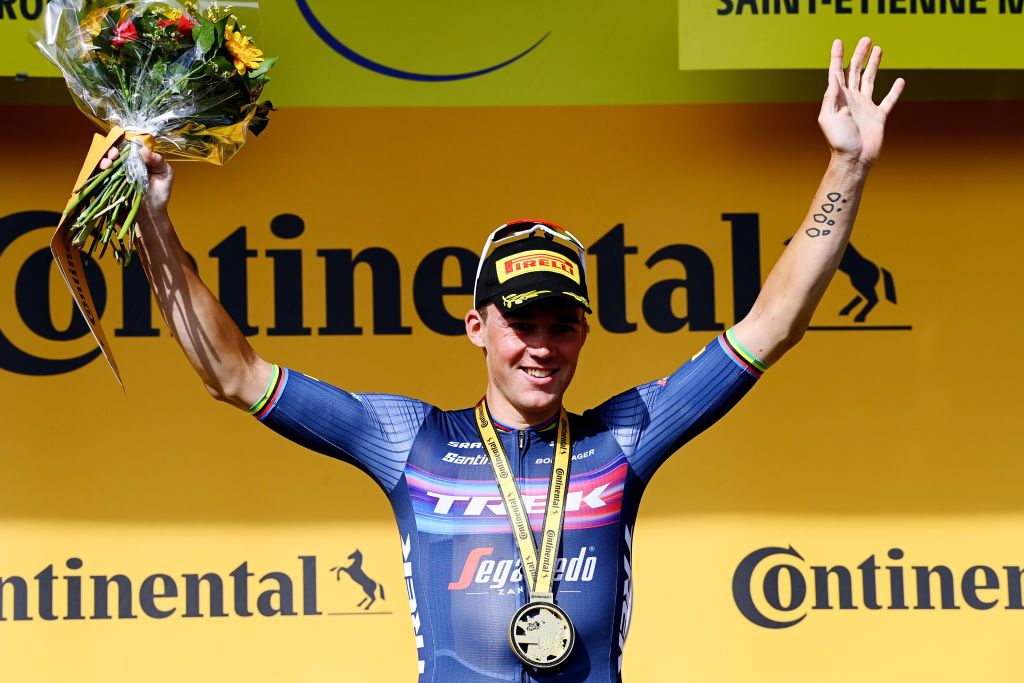 SAINTETIENNE FRANCE JULY 15 Mads Pedersen of Denmark and Team Trek Segafredo celebrates at podium as stage winner during the 109th Tour de France 2022 Stage 13 a 1926km stage from Le Bourg dOisans to SaintEtienne 488m TDF2022 WorldTour on July 15 2022 in SaintEtienne France Photo by Tim de WaeleGetty Images