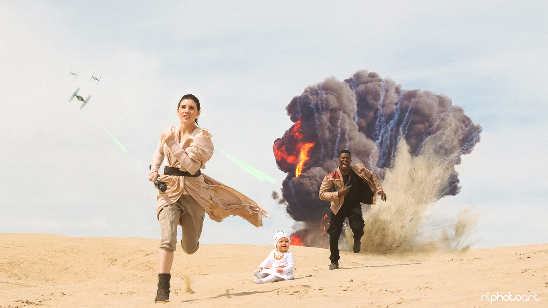 Rey, Finn and BB-8 flee the First Order Navy