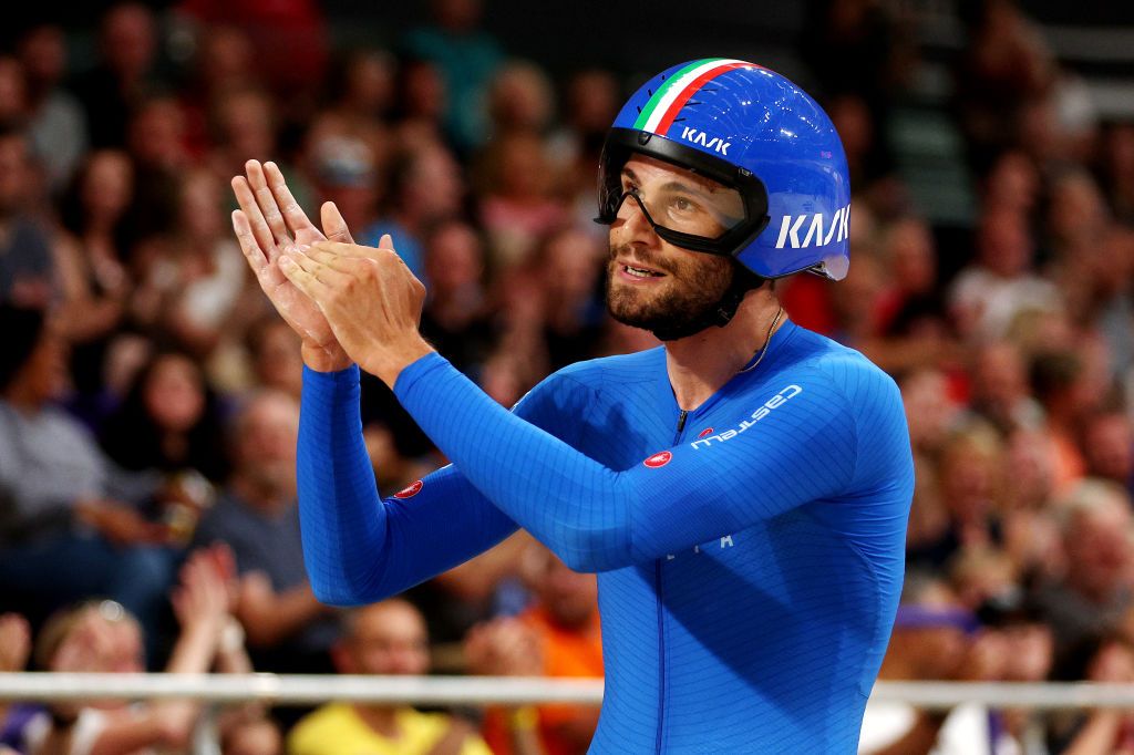 Italy’s Filippo Ganna celebrates winning the elite men’s Individual Pursuit