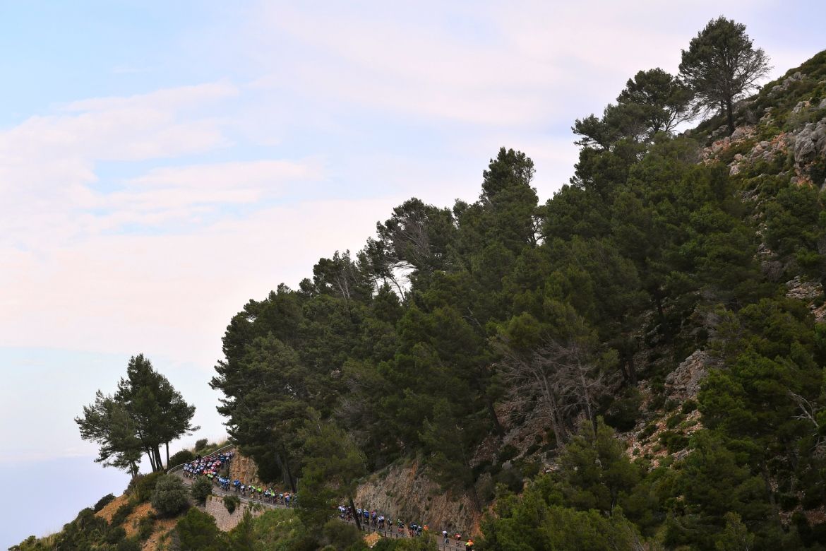 The peloton makes it's way up a climb