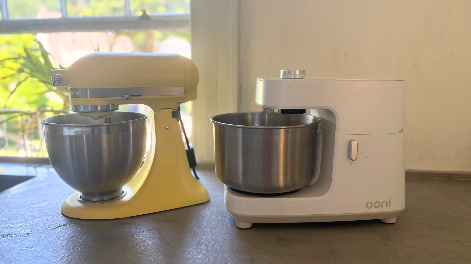 Testing the Ooni Halo Core Stand Mixer showing it next to a kitchenaid