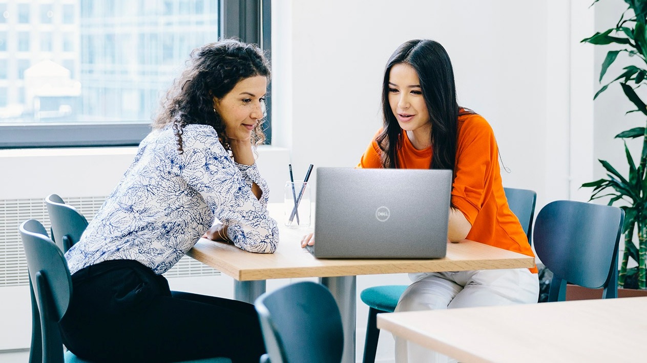 Two people working on a Dell laptop