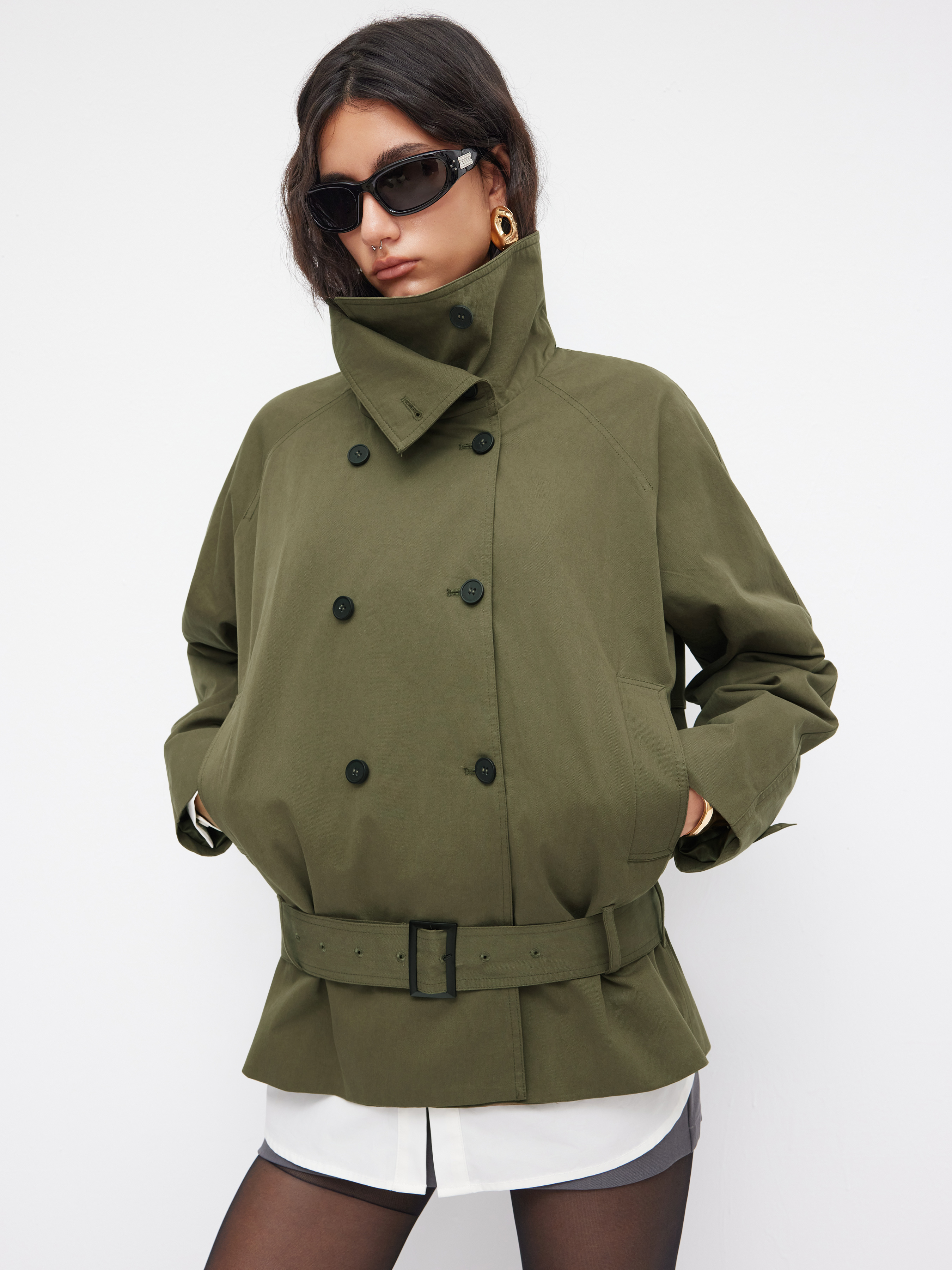 Multi-Way Cotton Stand Collar Double Breasted Oversized Windbreaker With Belt