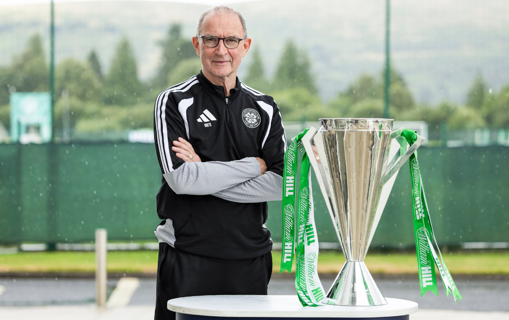 Celtic manager Martin O'Neill with the William Hill Premiership trophy at the Lennoxtown Training Centre, on July 31, 2026, in Glasgow, Scotland.