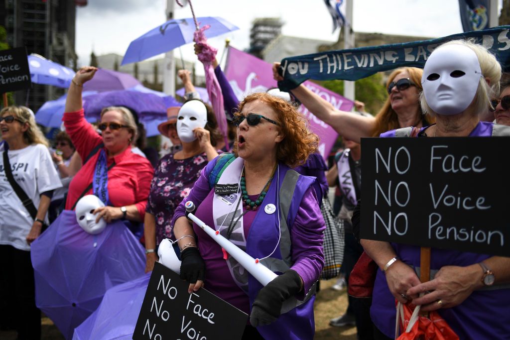 WASPI (Women Against State Pension Injustice) campaigners gather outside parliament to protest about the equalisation of the state pension age on June 5, 2019