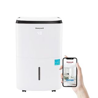 Honeywell 30 Pint Energy Star Smart Dehumidifier for Basements & Small Rooms Up to 1000 Sq Ft. With Wifi, Alexa Voice Control, and Anti-Spill Design, (white), against white background