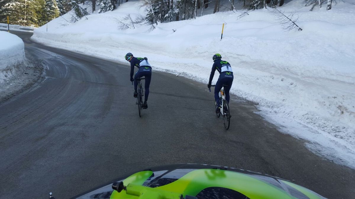 Alejandro Valverde and Andrey Amador (Movistar) preview the route for stage 14 of the Giro d'Italia