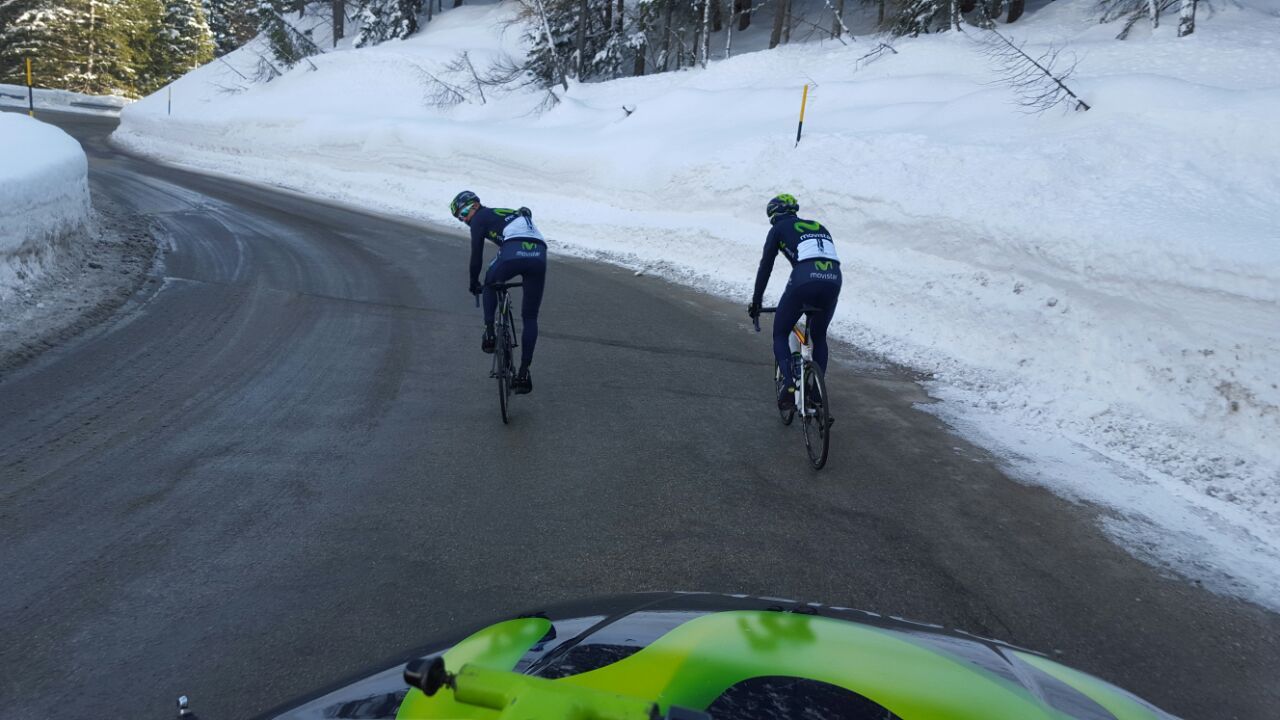 Alejandro Valverde and Andrey Amador (Movistar) preview the route for stage 14 of the Giro d'Italia
