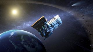 An artist's depiction of the NEOWISE mission, which began searching for asteroids after completing an astrophysics mission as WISE.