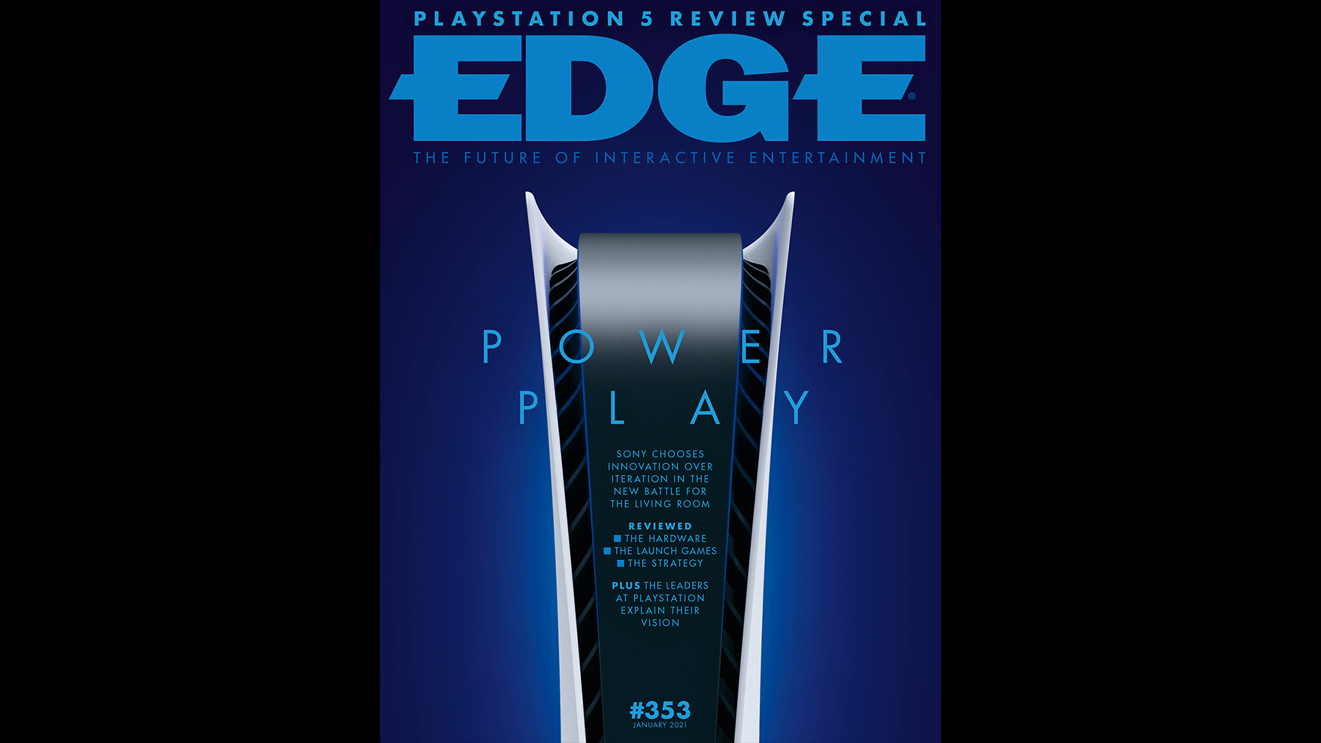 The cover of Edge 353, showing a close up of a PS5 with the text &#039;Power Play&#039; and a blue background
