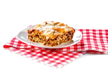 A plate of lasagna.